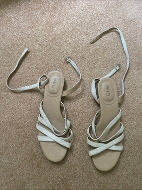 Vaneli Champagne Metallic Strappy Ankle-Tie Sandals